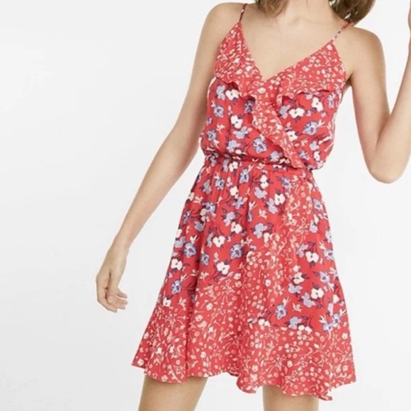 Express Women Sz S Red Floral Faux Wrap Adj Spaghetti Strap Ruffled Sundress - Picture 1 of 11